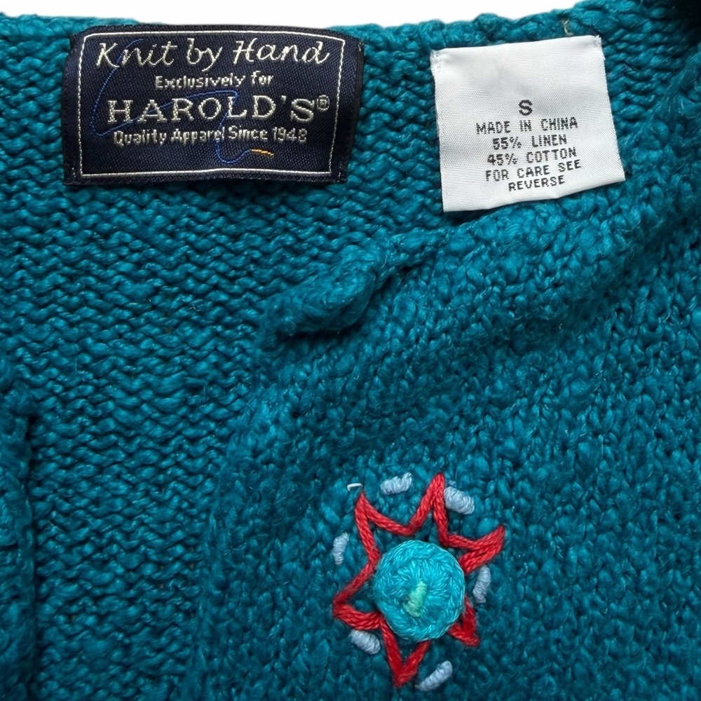 Harold's Teal Cardigan with Floral Embroidery Size Small​ - Picture 4 of 5